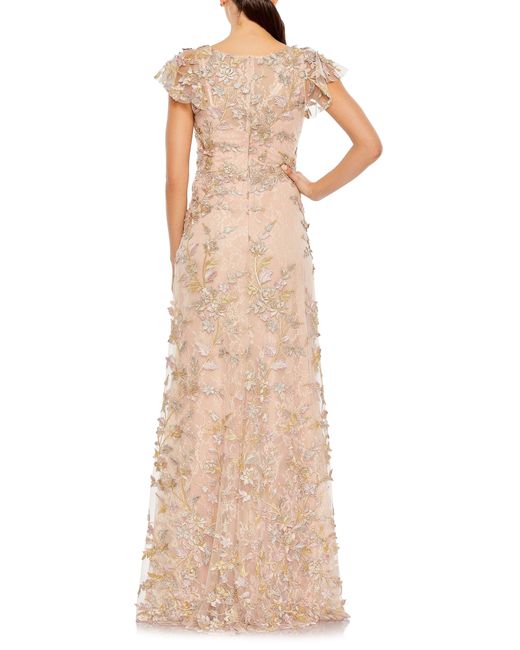 Mac Duggal Natural Embroidered Floral Appliqué Flutter Sleeve Gown