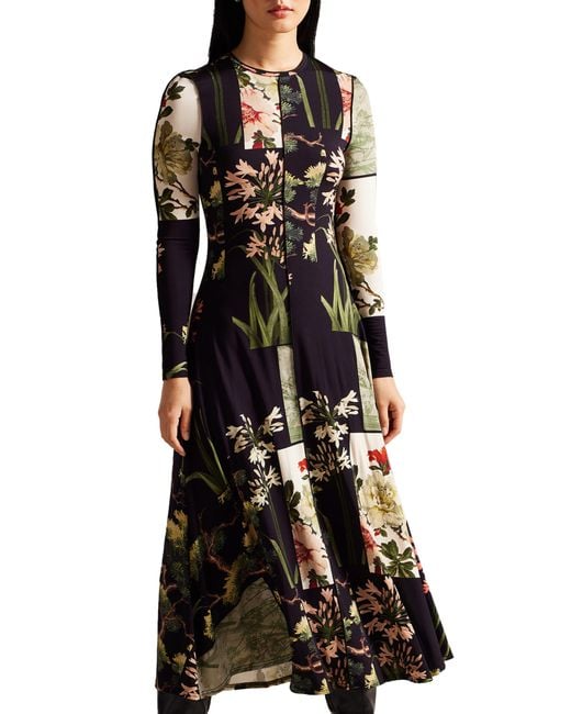 Ted Baker Black Gretiaa Print Long Sleeve Maxi Dress