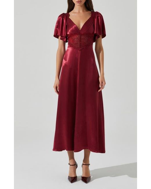 Astr Aurelia Flutter Sleeve Lace & Satin Dress in Red | Lyst