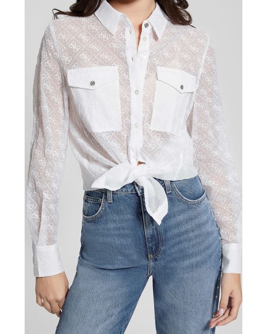 Guess Blue Logo Embroidery Sheer Button-up Shirt