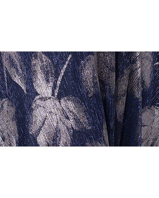 Betsy & Adam Blue Floral Foil Print Flutter Sleeve Gown