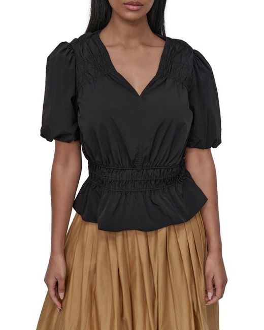 DKNY Black Shirred Puff Sleeve Peplum Top