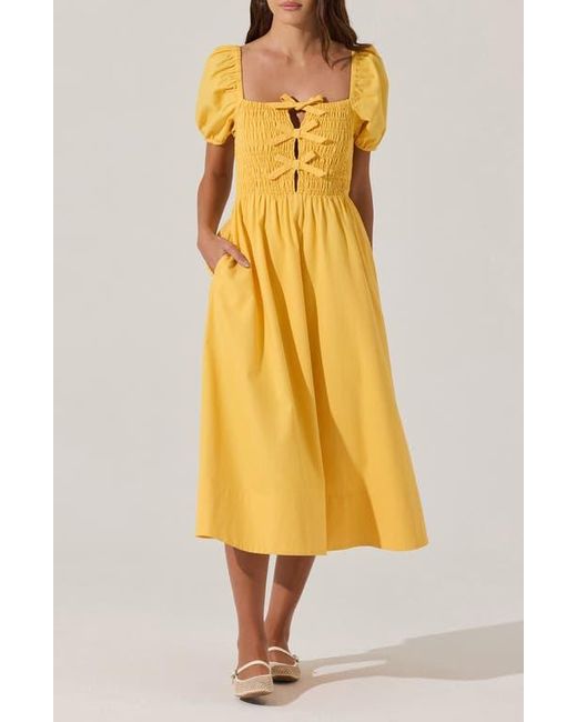 Astr Yellow Bow Detail Smock Bodice Cotton Blend Dress