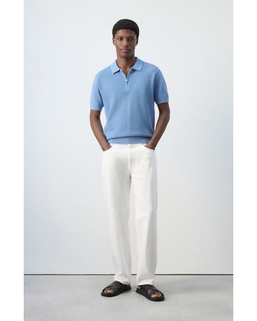 Mango Blue Solid Cotton Waffle Zip Polo Sweater for men