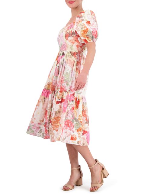 Vince Camuto Red Floral Square Neck Puff Sleeve Cotton Midi Dress