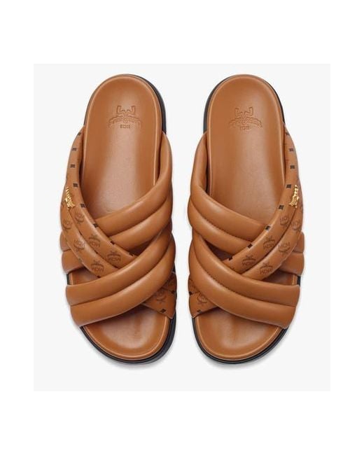 MCM White Monogram Print Cross Sandals for men