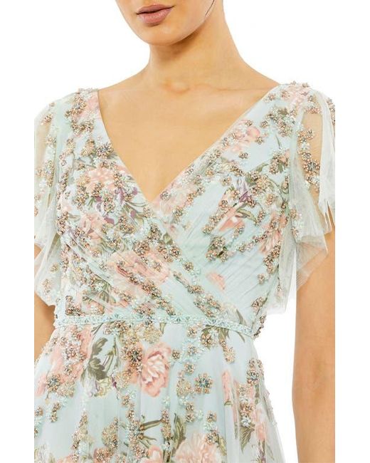 Mac Duggal Metallic Embellished Floral Gown With Mesh Flutter Sleeves, Beaded Waist & Pleated Bodice