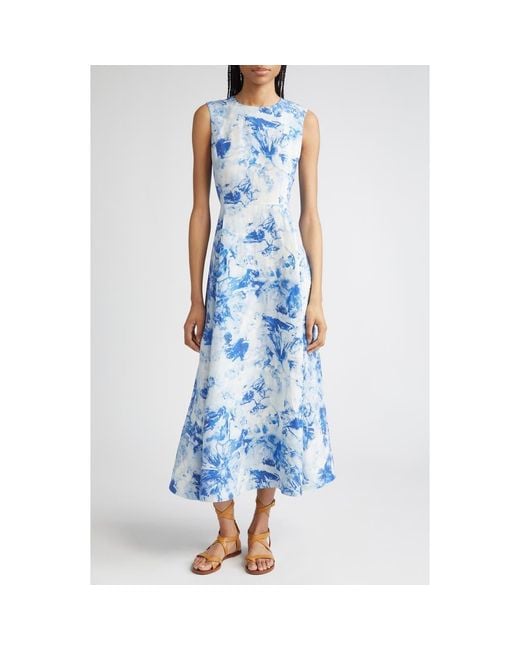 Lafayette 148 New York Blue Floral Sleeveless Silk & Linen Fit & Flare Dress