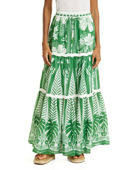 Farm Rio Green Macaw Elegance Maxi Skirt