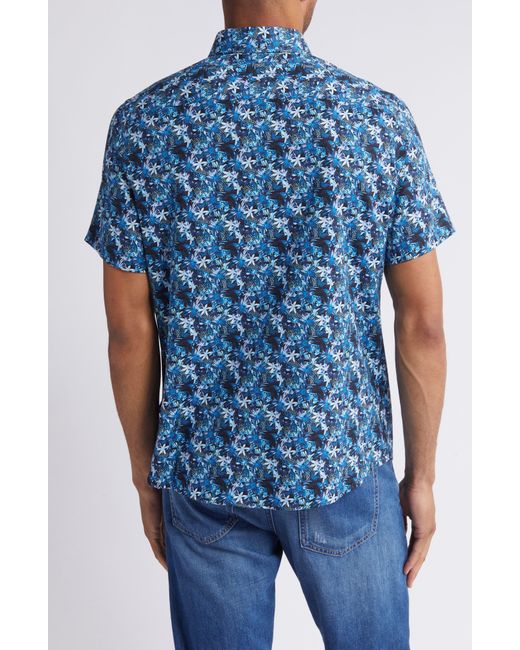 Stone Rose Blue Floral Butterfly Print Short Sleeve Stretch Button-up Shirt for men