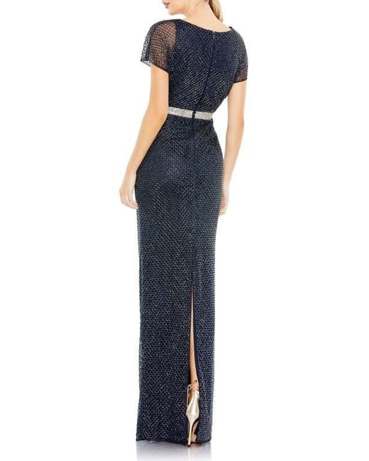 Mac Duggal Blue Beaded Butterfly Sleeve Column Gown