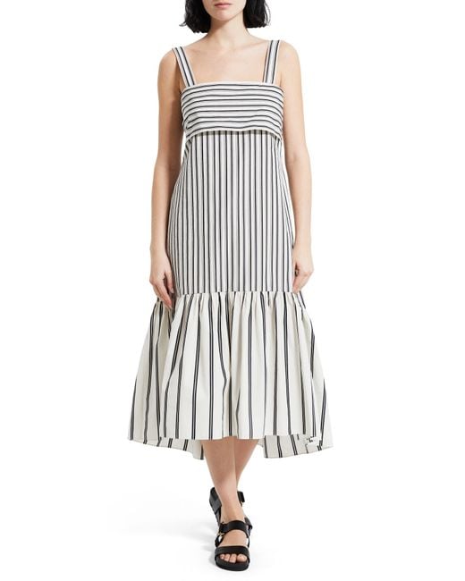 Theory Ventura Tie Back Stripe Cotton Midi Dress in White | Lyst