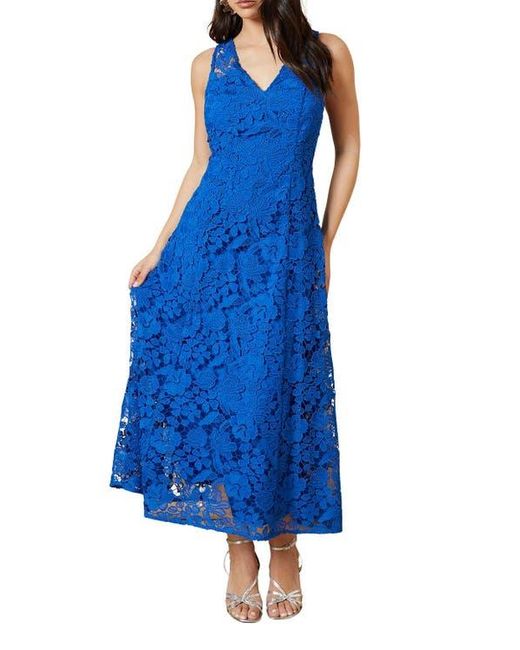 Oasis Blue Floral Lace V-Neck Midi Dress