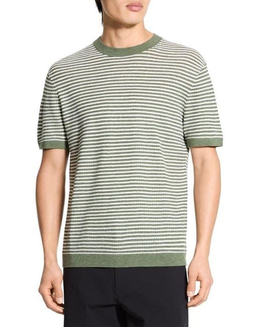 Theory Green Stripe Short Sleeve Linen & Cotton Blend Crewneck Sweater for men