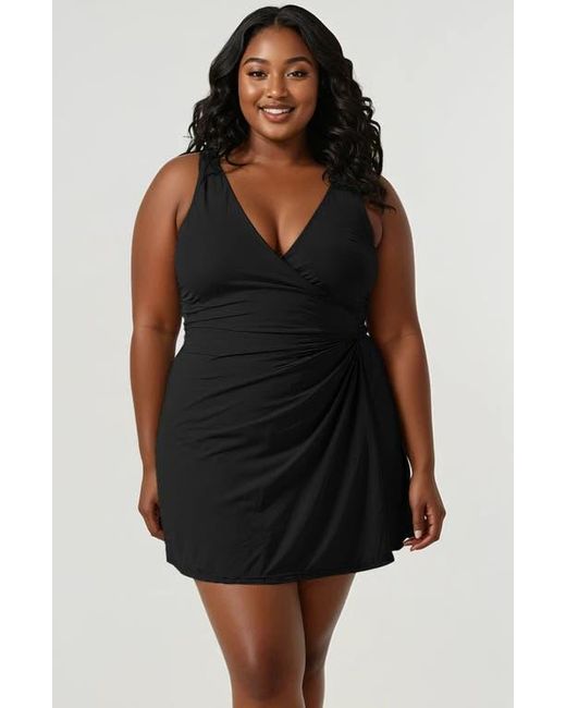 Calypsa Black Plus Size Alana Wrap-Style Swim Dress With Hidden Bottoms And Adjustable Straps