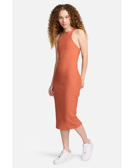 Nike Orange Sportswear Chill Knit Sleeveless Rib Midi Dress