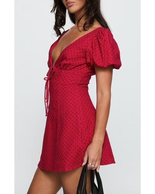 Princess Polly Red Beloved Polka Dot Puff Sleeve Linen Blend Minidress