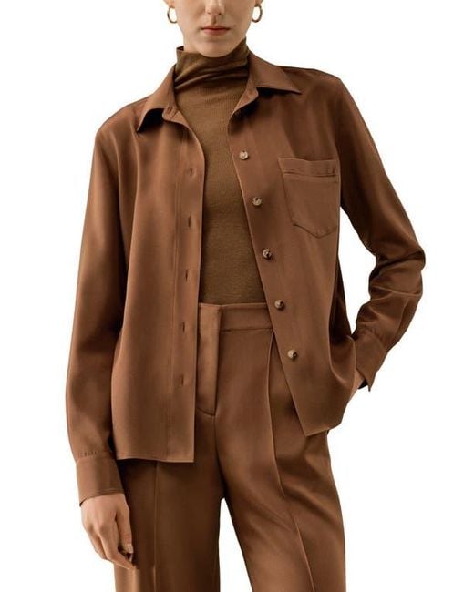 LILYSILK Brown Basic Silk Spread Collar Shirt