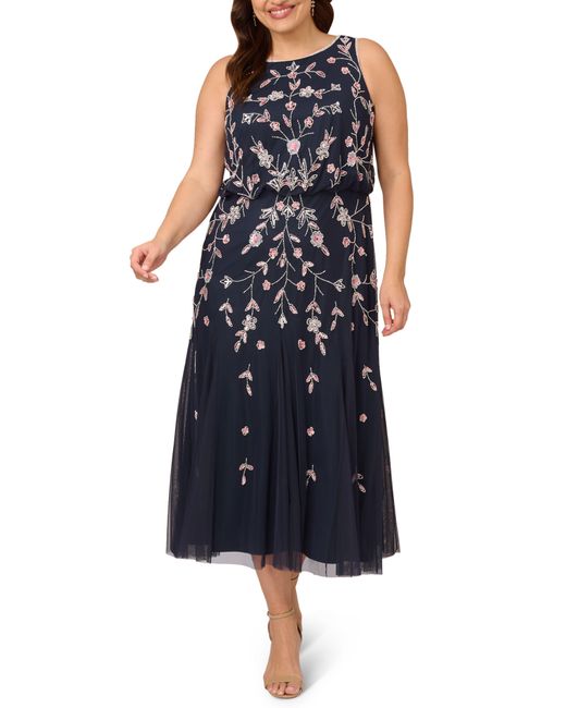 Adrianna Papell Blue Floral Embellished Mesh Midi Gown