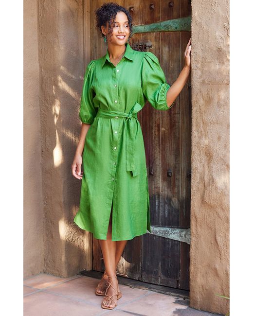 Karen Kane Green Puff Sleeve Linen Midi Shirtdress