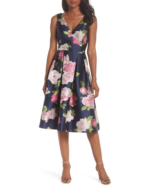Eliza J Sleeveless Floral Print Fit & Flare Dress in Blue | Lyst