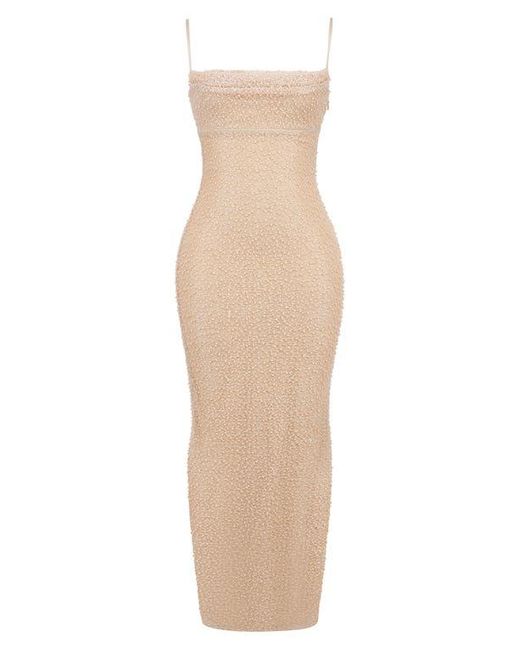 House Of Cb Natural Calla Beaded Mesh Overlay Gown