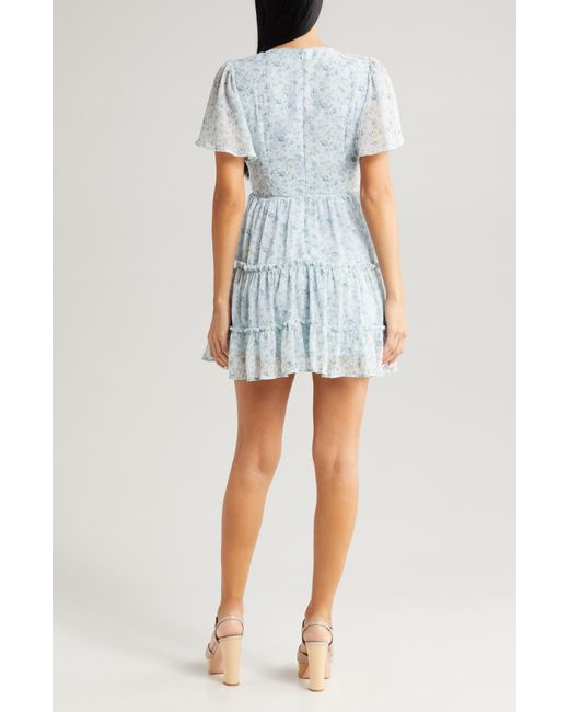 All In Favor Blue Floral Print Tiered Minidress In At Nordstrom, Size Large