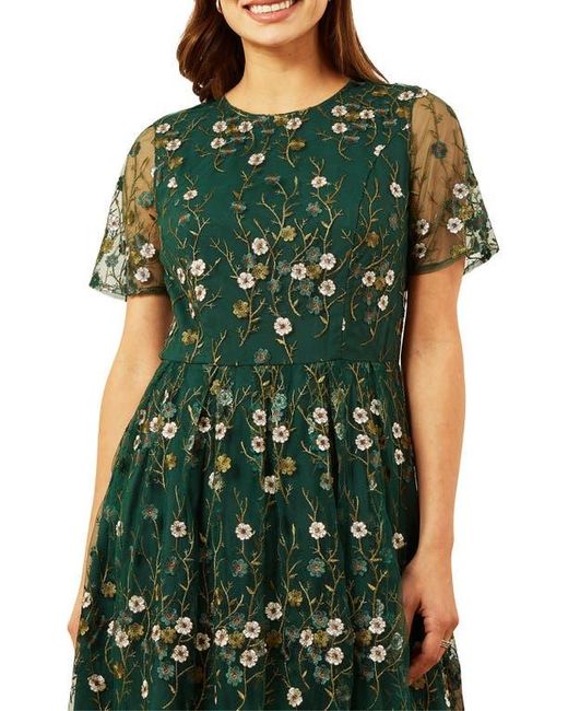 Yumi' Green Embroidered Floral Skater Dress