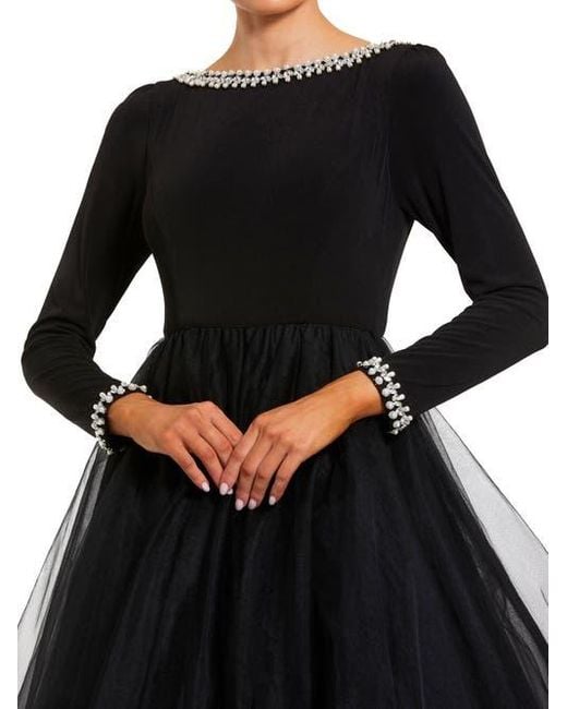Mac Duggal Black Embellished Jersey Long Sleeve Ballgown With Tulle Skirt