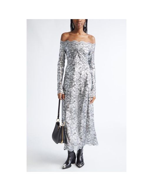 Rabanne Gray Metallic Long Sleeve Stretch Lace Dress