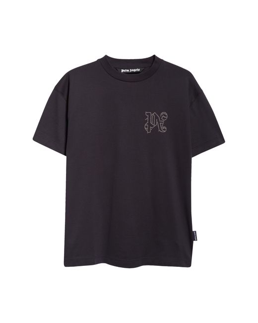 Palm Angels Black Studded Monogram Cotton Crewneck T-shirt for men