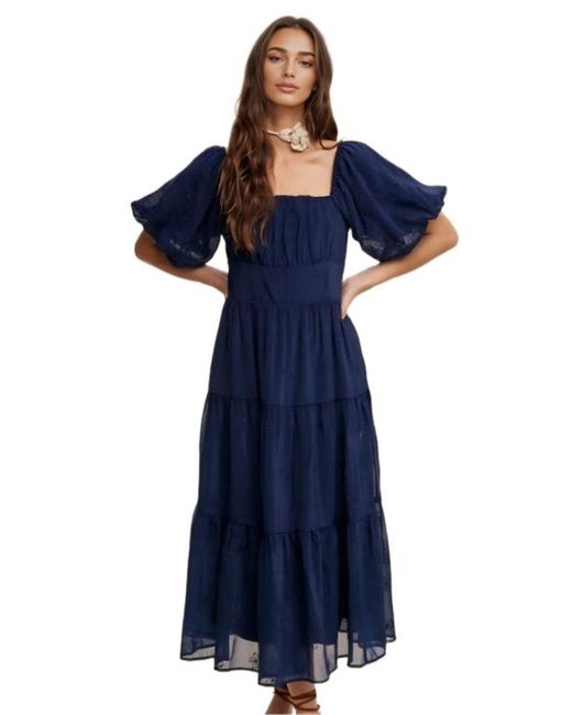 Knit & Lounge Blue Puff Sleeve Tiered Ruffle Lace Maxi Dress