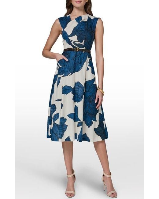 Donna Karan Belted Floral Linen Blend Fit & Flare Dress in Blue | Lyst Donna Karan Belted Floral Linen Blend Fit & Flare Dress in Blue | Lyst