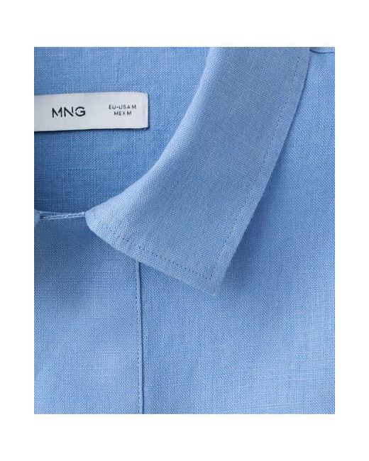 Mango Blue Solid Slub Linen Polo for men