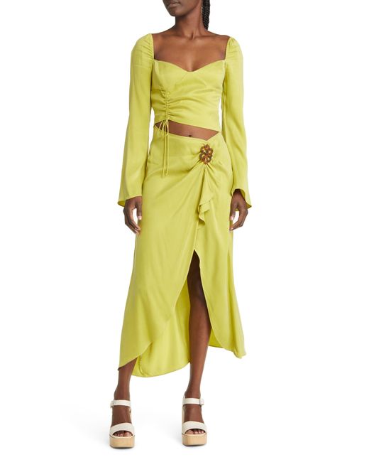 For Love & Lemons Yellow Allie Long Sleeve Cutout Cupro Blend Midi Dress