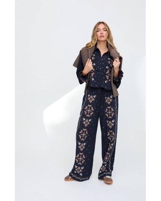 Raffya Blue Anai Half Placket Embroidered Blouse