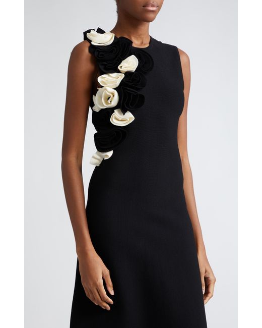 Lela Rose Black Floral Ruffle Sleeveless Knit Midi Dress