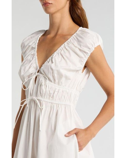 Wayf White Liv Ruched Stretch Cotton Poplin Midi Dress