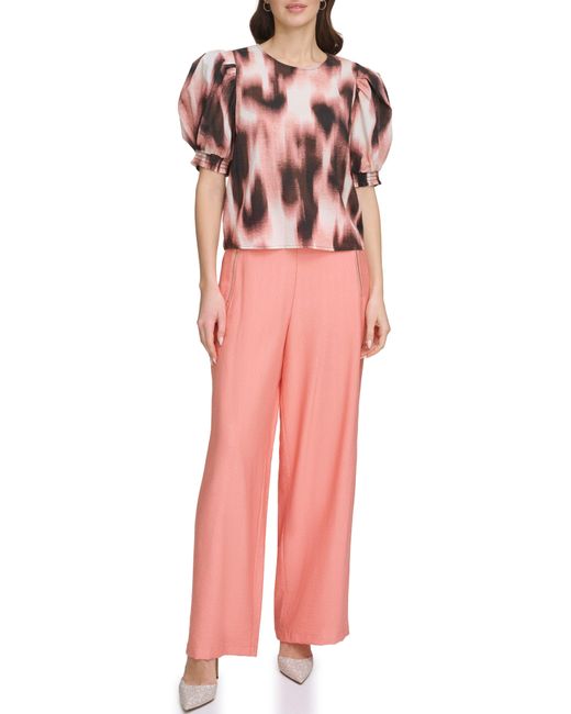 DKNY Pink Abstract Print Puff Sleeve Voile Top