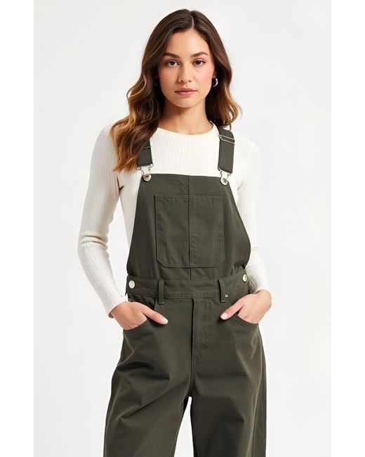 Modenaire Green Wide-Leg Adjustable-Strap Front Bib Pocket Overalls