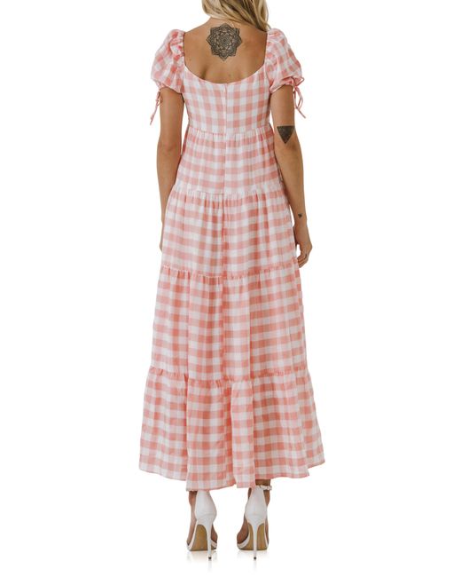 English Factory Pink Gingham Knot Tiered Cotton Blend Midi Dress