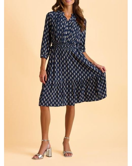 Brakeburn Blue Alpine 3/4 Sleeve Drawstring Waist Dress