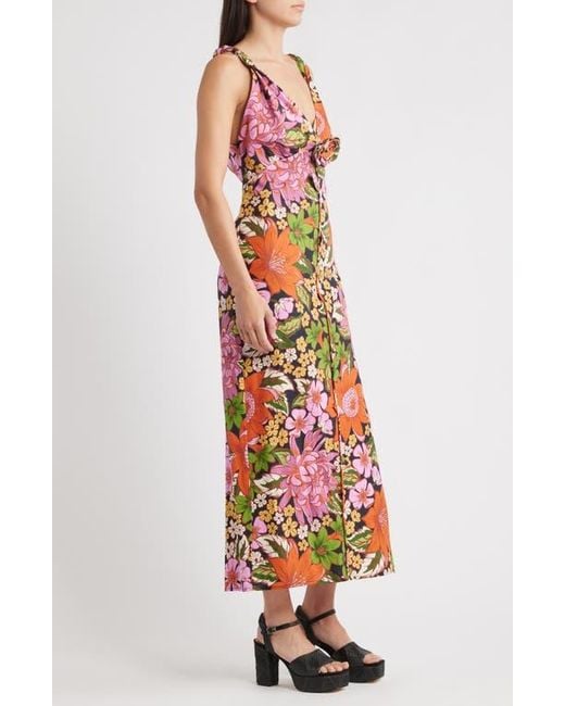 Farm Rio Red Vivi Rosette Detail Floral Linen Blend Maxi Dress