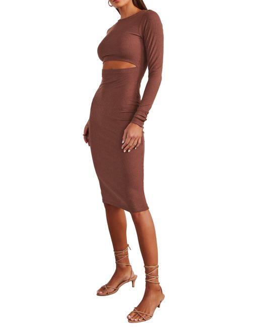 Vici Collection Brown Body Language Cutout Waist Long Sleeve Rib Dress