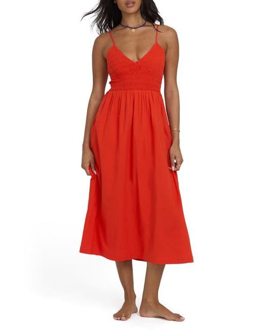 Billabong Red Such A Trip Smocked Bodice Cotton Midi Dress