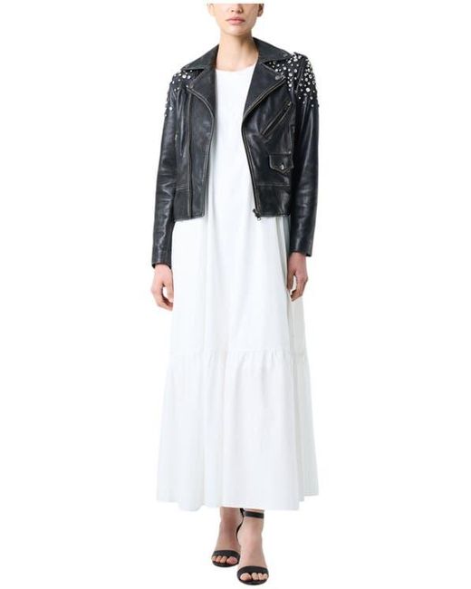 Velez Black Leather Biker Jacket With Crystals