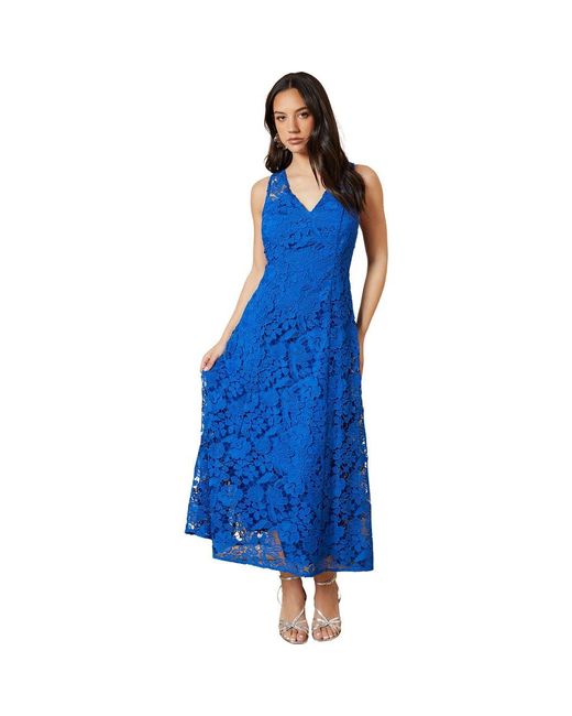 Oasis Blue Floral Lace V-Neck Midi Dress