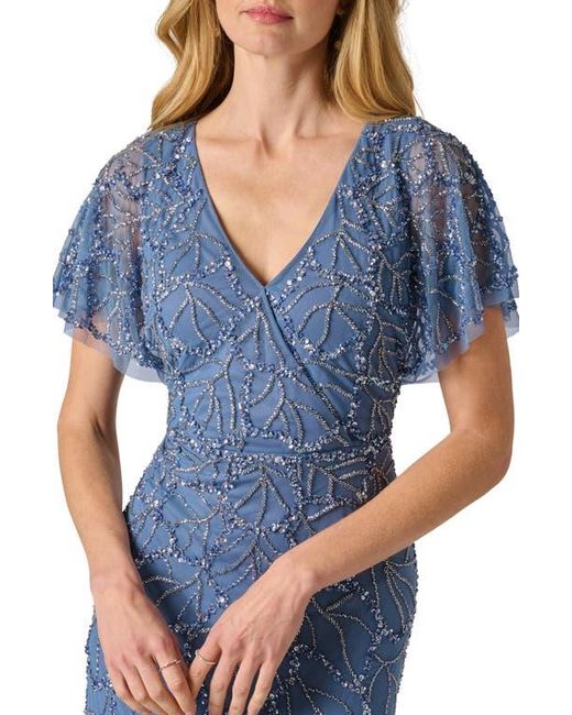 Adrianna Papell Women's Blue Beaded Godet Evening Gown