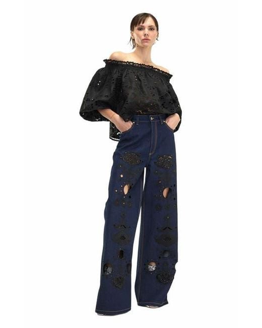 Cynthia Rowley Blue Embroidered Wide-Leg Jean