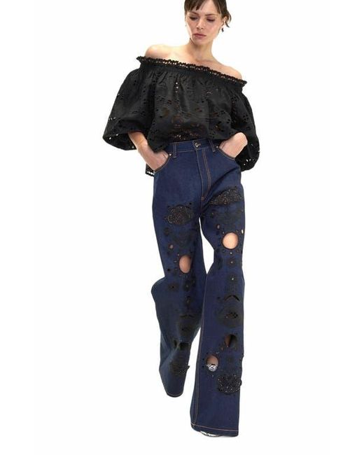 Cynthia Rowley Blue Embroidered Wide-Leg Jean